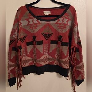 Denim & Supply Ralph Lauren Aztec Print Cotton Sweatshirt Fringe Rust Black Sm